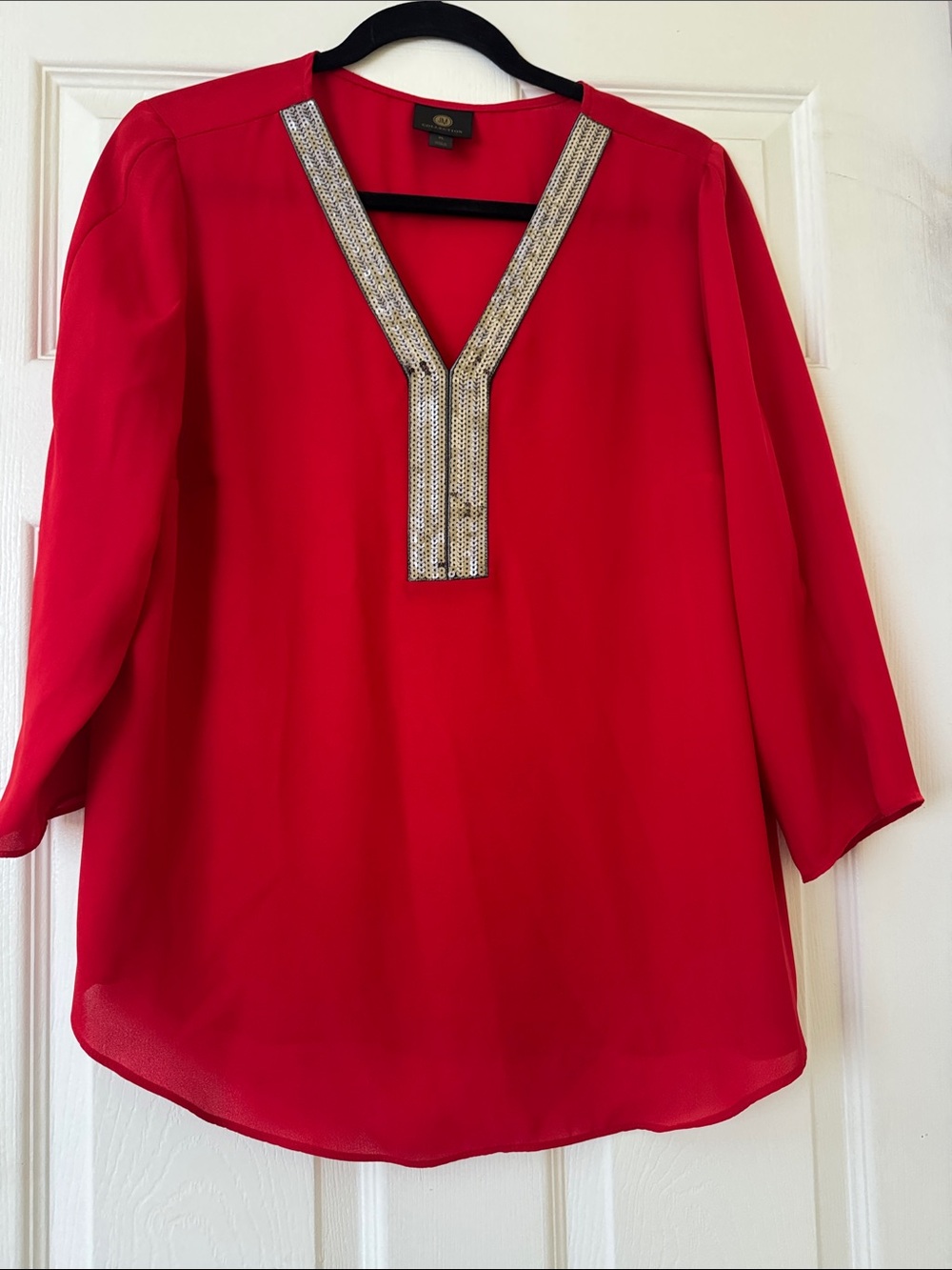 JM Collection Red V-Neck Tunic with Metallic Embellished Trim